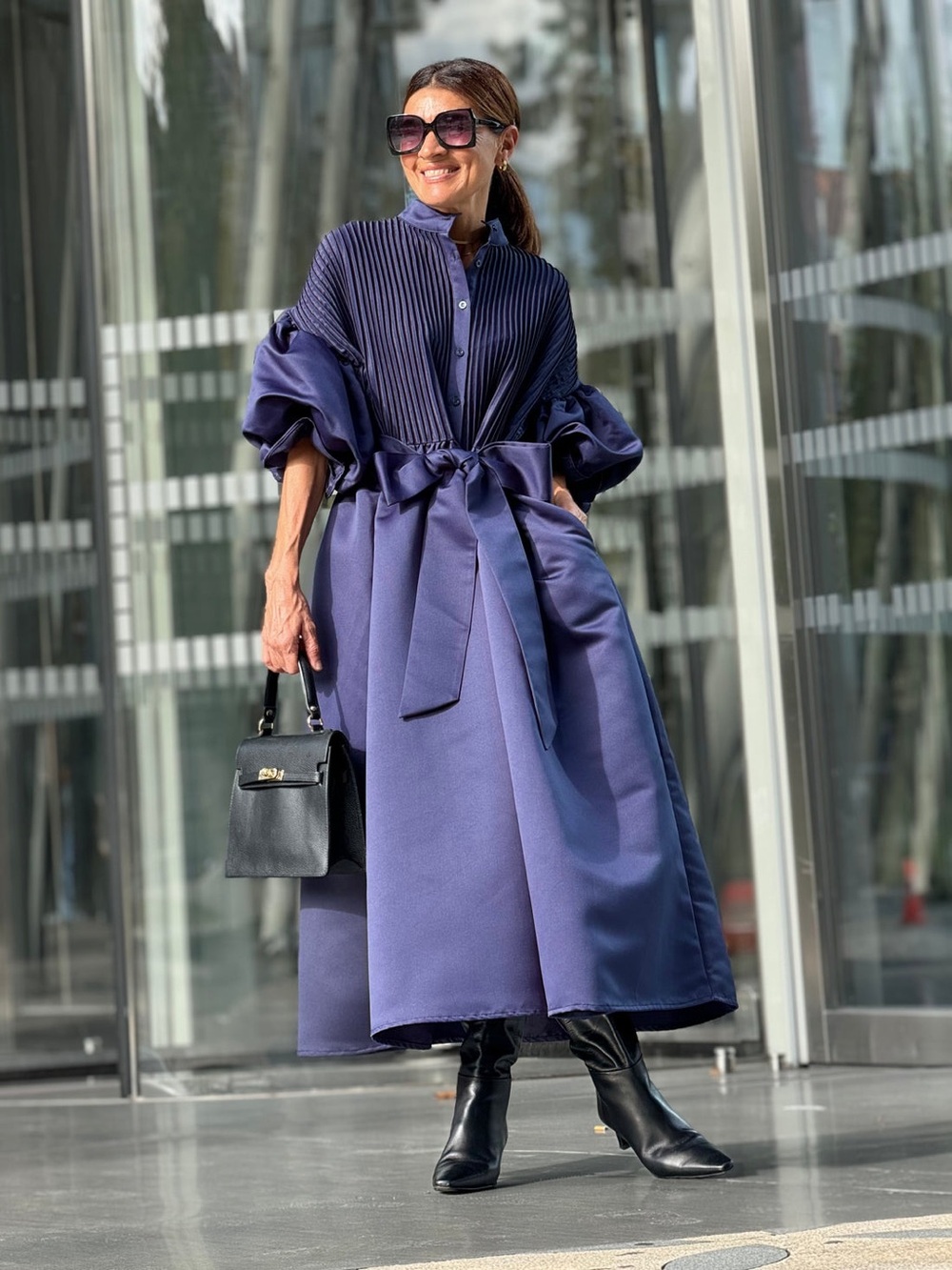 Marielle Almelo Phoebe Satin Dress Women OS Navy Pleated Puff Sleeve